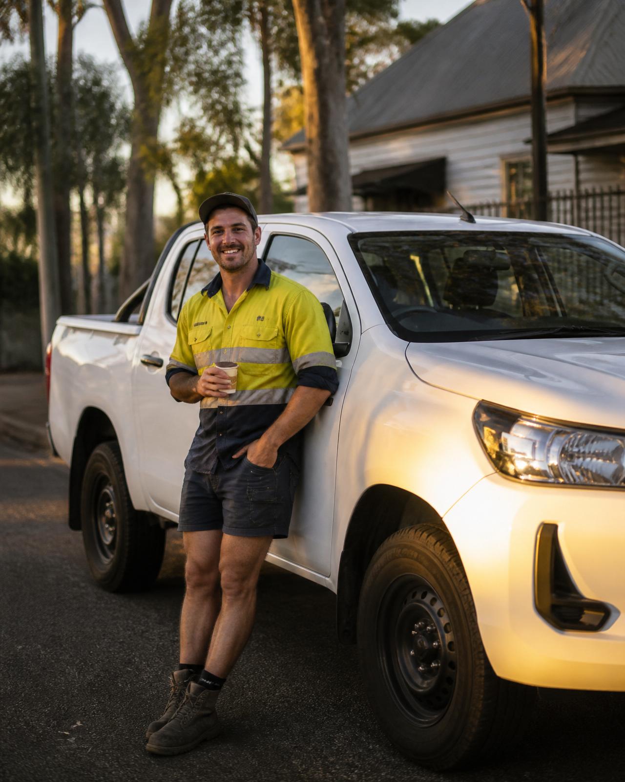 Australian tradesman standing beside his new ute after settling finance with Blade Finance